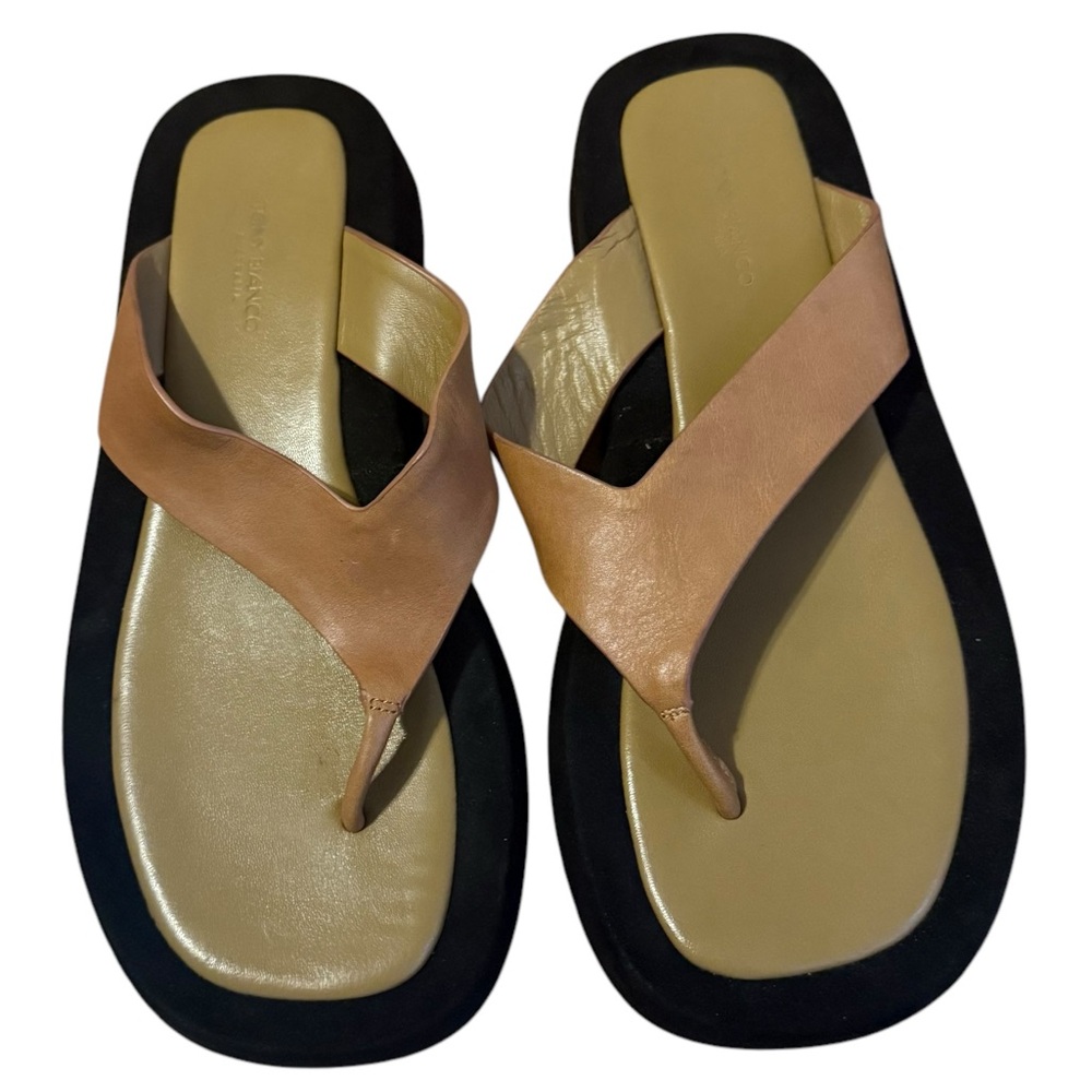 Tony Bianco Tan and Black Leather Thong Sandals